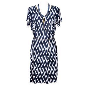 Navy Blue & White Zig Zag Pattern Dress From Tacera, Size L